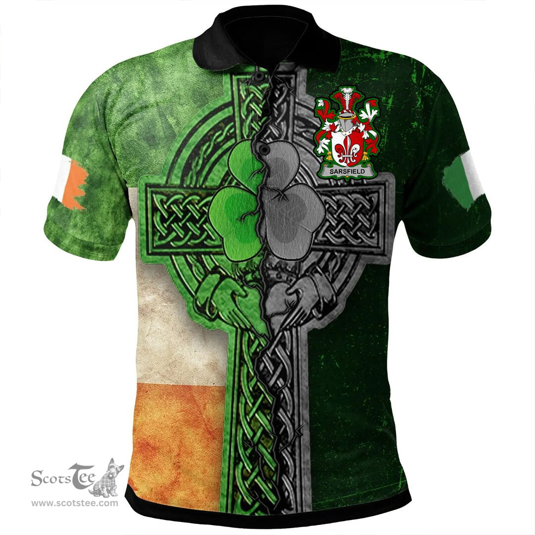 ScotsTee Shop Irish Sarsfield Coat of Arms Irish Polo Shirt Irish Claddagh Cross Polo Shirt