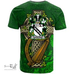 ScotsTee Shop Irish Ashborne Coat of Arms Irish Family Crest T Shirt Irish Shamrock Celtic Cross and Harp T Shirt