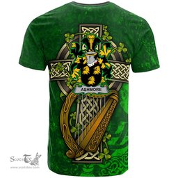 ScotsTee Shop Irish Ashmore Coat of Arms Irish Family Crest T Shirt Irish Shamrock Celtic Cross and Harp T Shirt