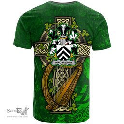 ScotsTee Shop Irish Archdekin Coat of Arms Irish Family Crest T Shirt Irish Shamrock Celtic Cross and Harp T Shirt