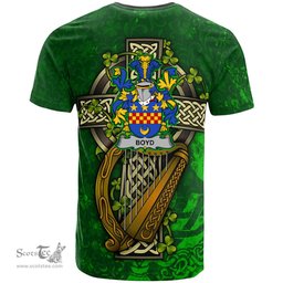 ScotsTee Shop Irish Boyd of Danson Coat of Arms Irish Family Crest T Shirt Irish Shamrock Celtic Cross and Harp T Shirt