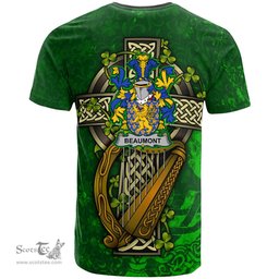 ScotsTee Shop Irish Beaumont Coat of Arms Irish Family Crest T Shirt Irish Shamrock Celtic Cross and Harp T Shirt