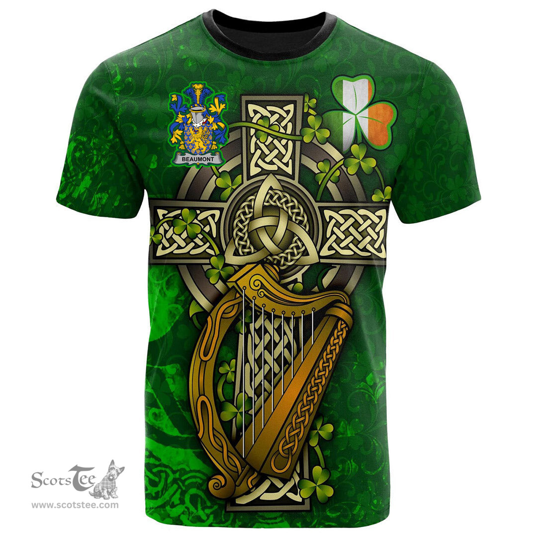 ScotsTee Shop Irish Beaumont Coat of Arms Irish Family Crest T Shirt Irish Shamrock Celtic Cross and Harp T Shirt