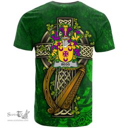 ScotsTee Shop Irish Begg Coat of Arms Irish Family Crest T Shirt Irish Shamrock Celtic Cross and Harp T Shirt