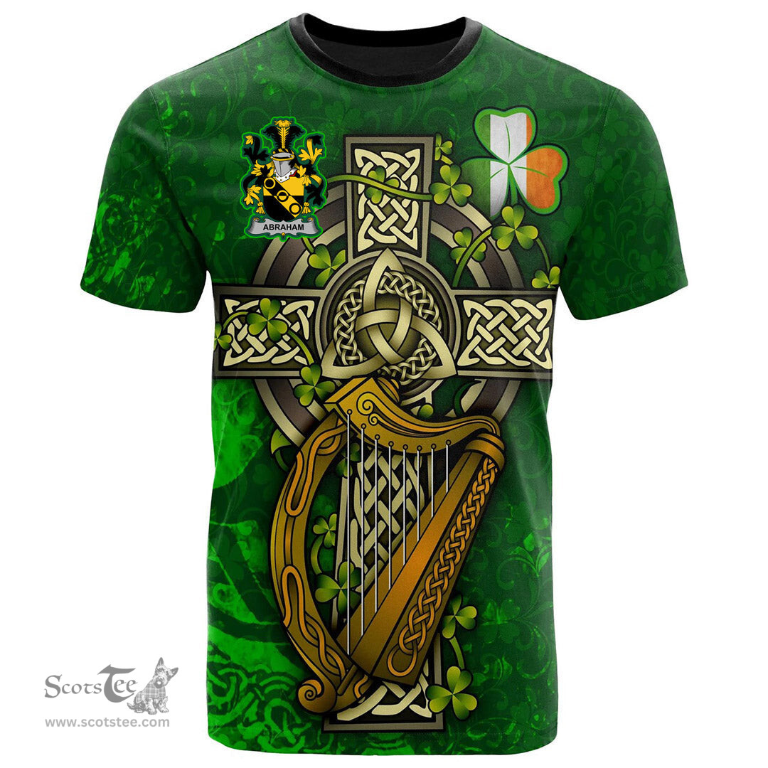 ScotsTee Shop Irish Abraham Coat of Arms Irish Family Crest T Shirt Irish Shamrock Celtic Cross and Harp T Shirt
