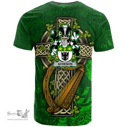 ScotsTee Shop Irish Acheson Coat of Arms Irish Family Crest T Shirt Irish Shamrock Celtic Cross and Harp T Shirt