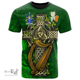 ScotsTee Shop Irish Bligh Coat of Arms Irish Family Crest T Shirt Irish Shamrock Celtic Cross and Harp T Shirt