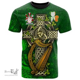 ScotsTee Shop Irish Bracken or O Bracken Coat of Arms Irish Family Crest T Shirt Irish Shamrock Celtic Cross and Harp T Shirt