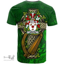 ScotsTee Shop Irish Barton Coat of Arms Irish Family Crest T Shirt Irish Shamrock Celtic Cross and Harp T Shirt