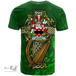 ScotsTee Shop Irish Blacke Coat of Arms Irish Family Crest T Shirt Irish Shamrock Celtic Cross and Harp T Shirt