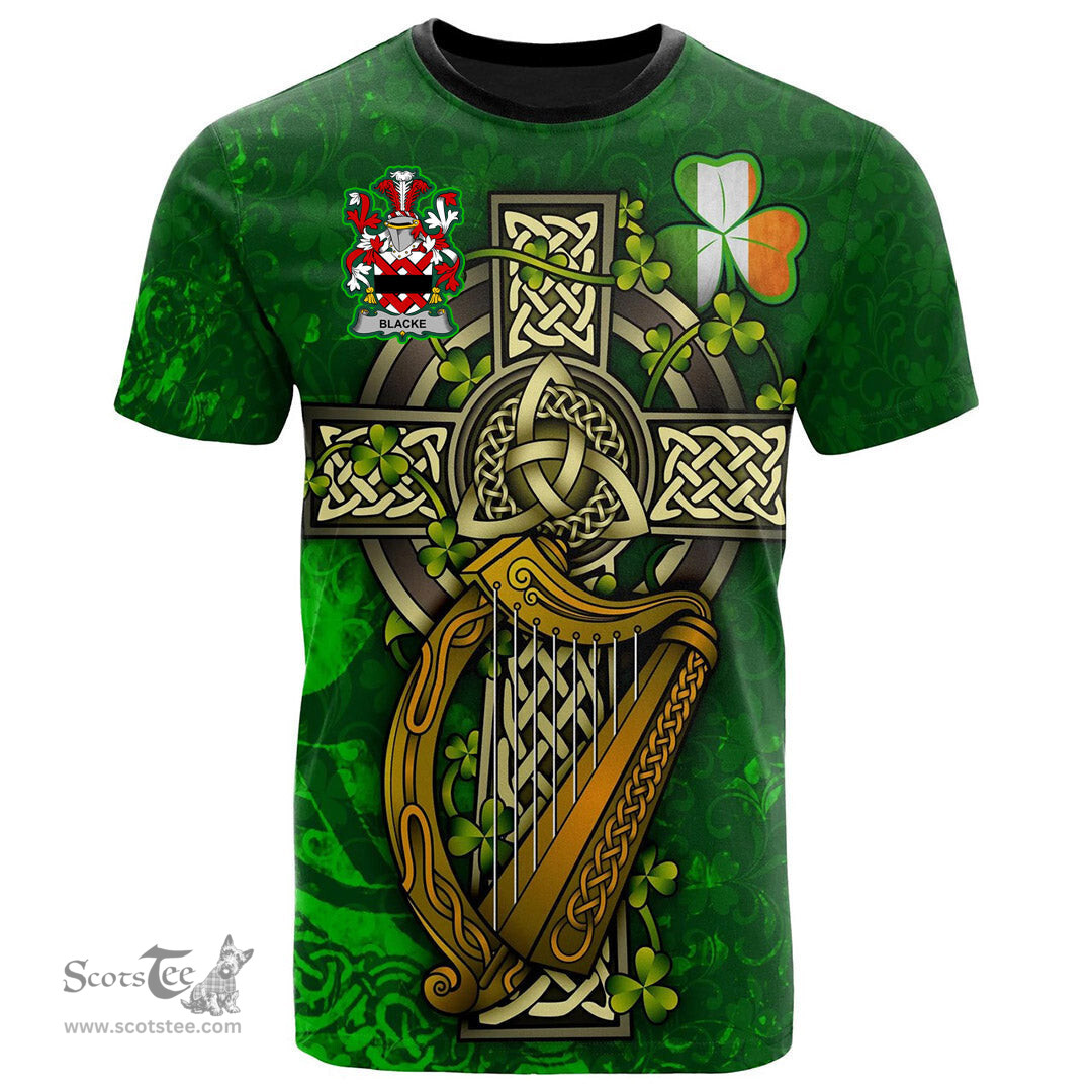 ScotsTee Shop Irish Blacke Coat of Arms Irish Family Crest T Shirt Irish Shamrock Celtic Cross and Harp T Shirt