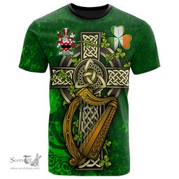 ScotsTee Shop Irish Blacke Coat of Arms Irish Family Crest T Shirt Irish Shamrock Celtic Cross and Harp T Shirt