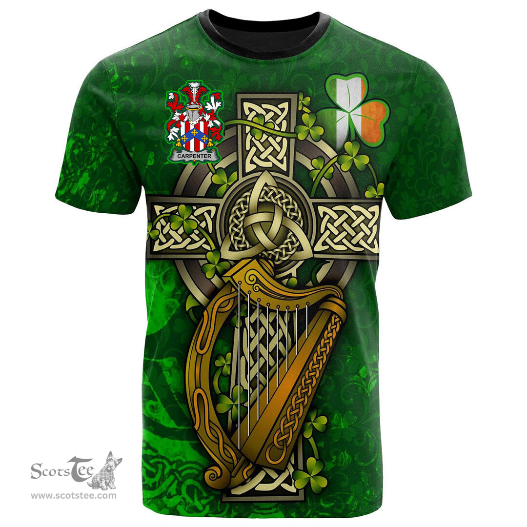 ScotsTee Shop Irish Carpenter Coat of Arms Irish Family Crest T Shirt Irish Shamrock Celtic Cross and Harp T Shirt