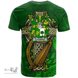 ScotsTee Shop Irish Connor or O Connor Sligo Coat of Arms Irish Family Crest T Shirt Irish Shamrock Celtic Cross and Harp T Shirt