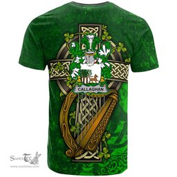 ScotsTee Shop Irish Callaghan or O Callaghan Coat of Arms Irish Family Crest T Shirt Irish Shamrock Celtic Cross and Harp T Shirt