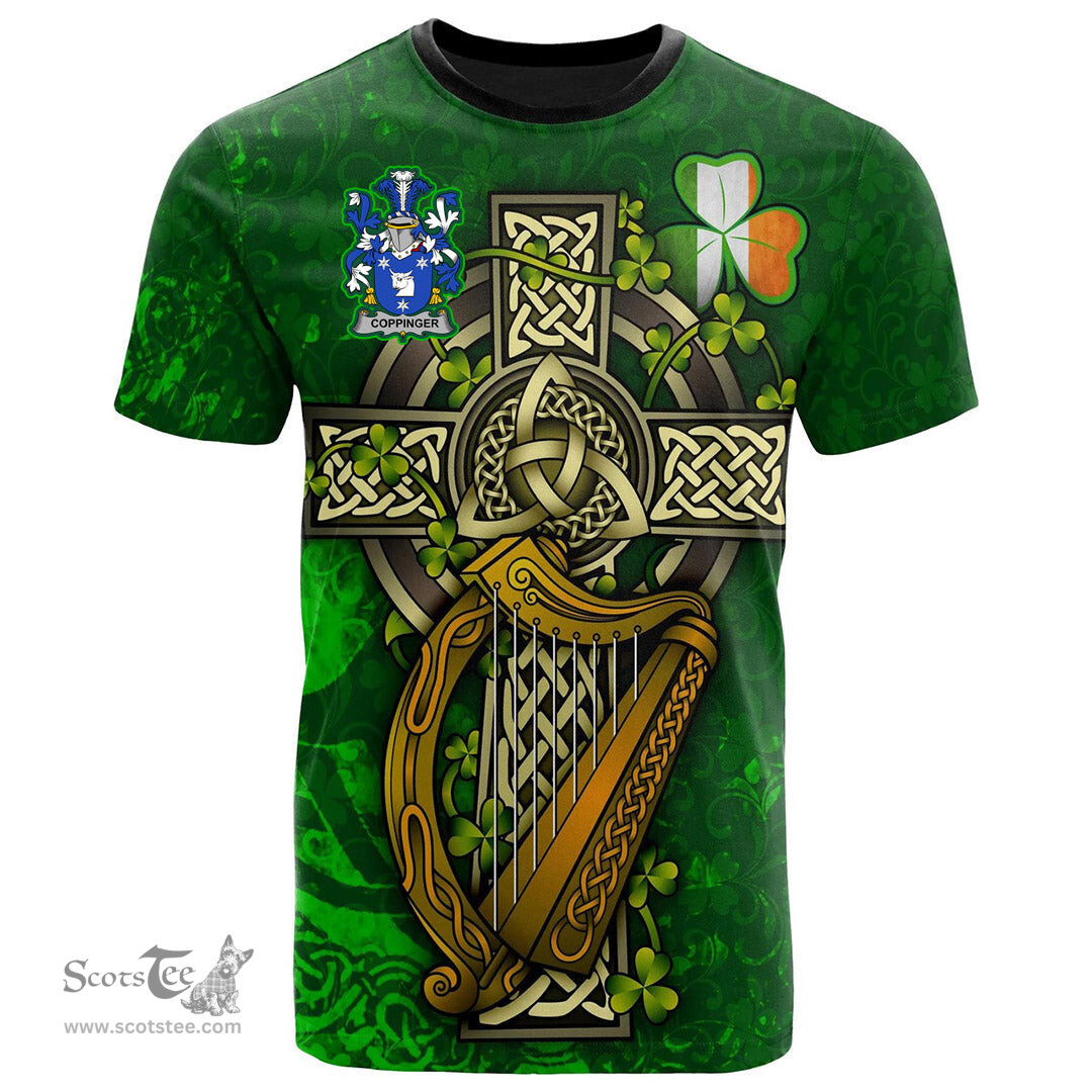 ScotsTee Shop Irish Coppinger Coat of Arms Irish Family Crest T Shirt Irish Shamrock Celtic Cross and Harp T Shirt