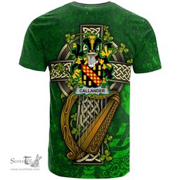 ScotsTee Shop Irish Callander Coat of Arms Irish Family Crest T Shirt Irish Shamrock Celtic Cross and Harp T Shirt