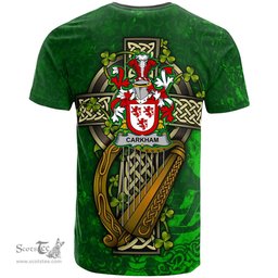 ScotsTee Shop Irish Carkham Coat of Arms Irish Family Crest T Shirt Irish Shamrock Celtic Cross and Harp T Shirt