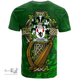 ScotsTee Shop Irish Crosbie or McCrossan Coat of Arms Irish Family Crest T Shirt Irish Shamrock Celtic Cross and Harp T Shirt