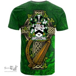 ScotsTee Shop Irish Coote Coat of Arms Irish Family Crest T Shirt Irish Shamrock Celtic Cross and Harp T Shirt