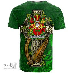 ScotsTee Shop Irish Burroughs Coat of Arms Irish Family Crest T Shirt Irish Shamrock Celtic Cross and Harp T Shirt