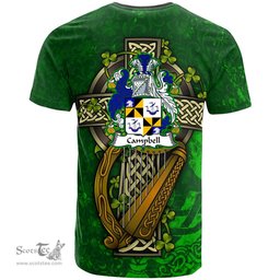 ScotsTee Shop Irish Campbell Coat of Arms Irish Family Crest T Shirt Irish Shamrock Celtic Cross and Harp T Shirt