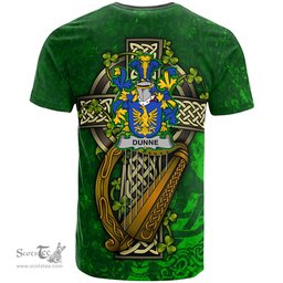 ScotsTee Shop Irish Dunne Coat of Arms Irish Family Crest T Shirt Irish Shamrock Celtic Cross and Harp T Shirt