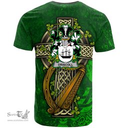 ScotsTee Shop Irish Driscoll or O Driscoll Coat of Arms Irish Family Crest T Shirt Irish Shamrock Celtic Cross and Harp T Shirt