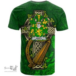 ScotsTee Shop Irish Duffy or O Duffy Coat of Arms Irish Family Crest T Shirt Irish Shamrock Celtic Cross and Harp T Shirt