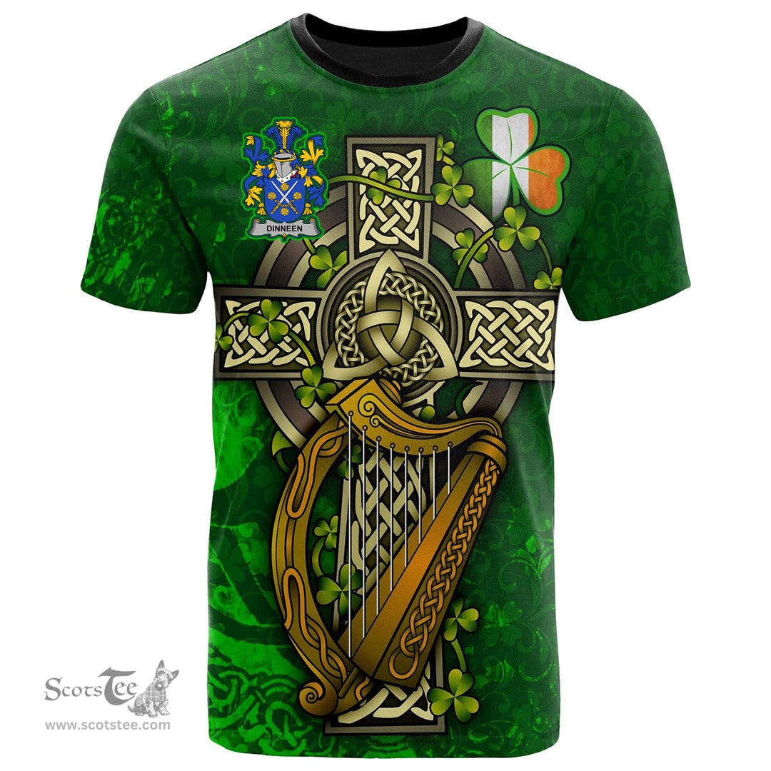 ScotsTee Shop Irish Dinneen or O Dinneen Coat of Arms Irish Family Crest T Shirt Irish Shamrock Celtic Cross and Harp T Shirt