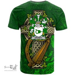 ScotsTee Shop Irish Droney or O Droney Coat of Arms Irish Family Crest T Shirt Irish Shamrock Celtic Cross and Harp T Shirt
