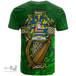 ScotsTee Shop Irish Cox Coat of Arms Irish Family Crest T Shirt Irish Shamrock Celtic Cross and Harp T Shirt