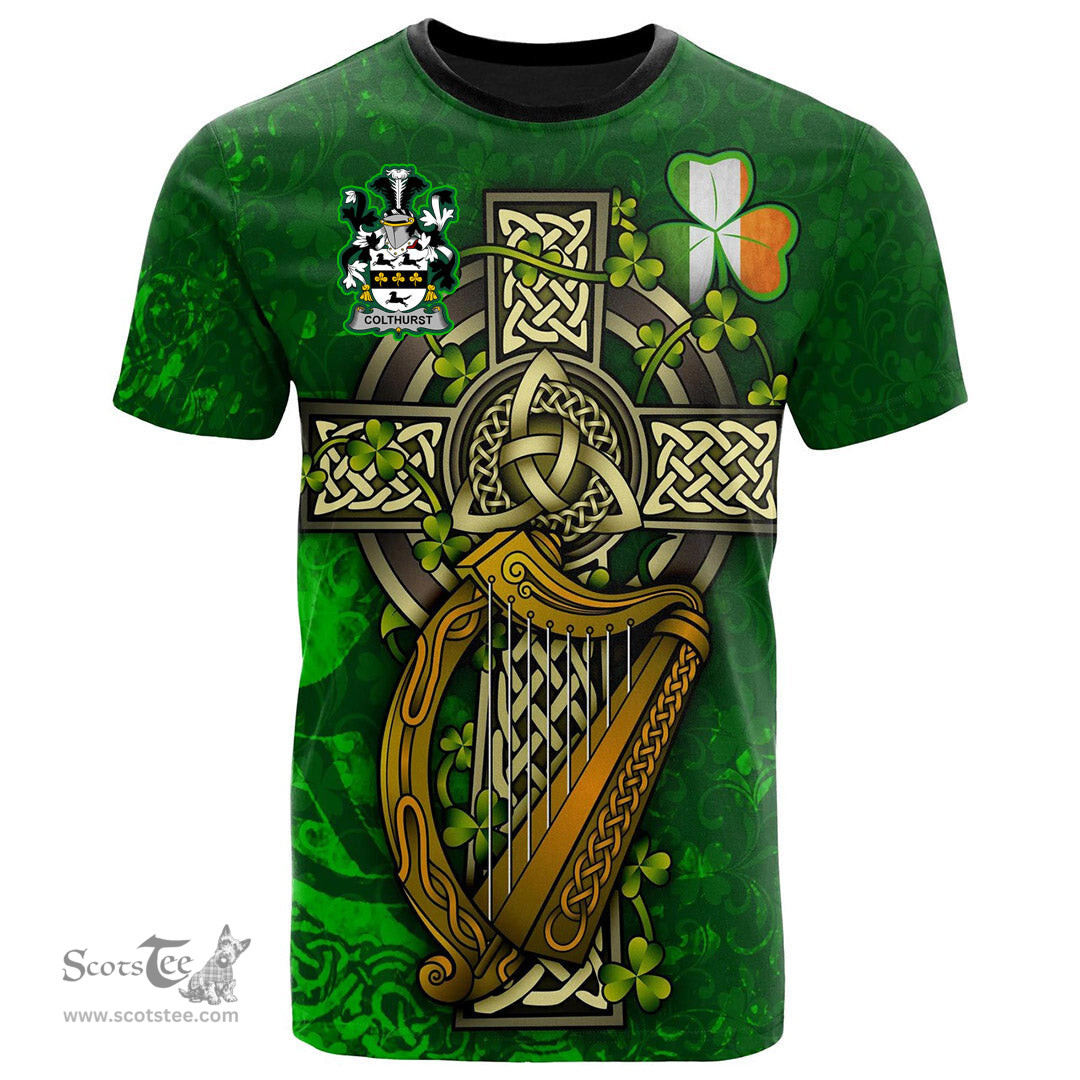 ScotsTee Shop Irish Colthurst Coat of Arms Irish Family Crest T Shirt Irish Shamrock Celtic Cross and Harp T Shirt