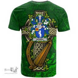 ScotsTee Shop Irish Dehany Coat of Arms Irish Family Crest T Shirt Irish Shamrock Celtic Cross and Harp T Shirt