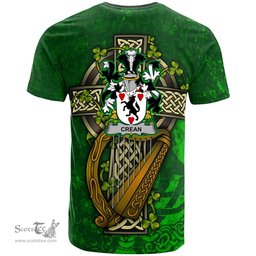 ScotsTee Shop Irish Crean or O Crean Coat of Arms Irish Family Crest T Shirt Irish Shamrock Celtic Cross and Harp T Shirt