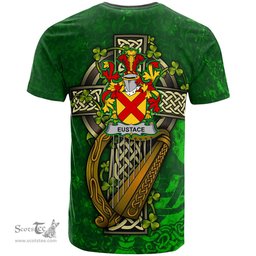 ScotsTee Shop Irish Eustace Coat of Arms Irish Family Crest T Shirt Irish Shamrock Celtic Cross and Harp T Shirt