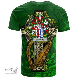 ScotsTee Shop Irish Hickman Coat of Arms Irish Family Crest T Shirt Irish Shamrock Celtic Cross and Harp T Shirt