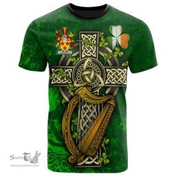 ScotsTee Shop Irish Gillen or O Gillen Coat of Arms Irish Family Crest T Shirt Irish Shamrock Celtic Cross and Harp T Shirt
