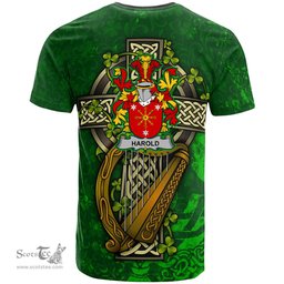 ScotsTee Shop Irish Harold or Harrell Coat of Arms Irish Family Crest T Shirt Irish Shamrock Celtic Cross and Harp T Shirt