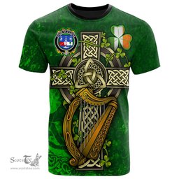 ScotsTee Shop Irish House of O CAHAN KEANE Coat of Arms Irish Family Crest T Shirt Irish Shamrock Celtic Cross and Harp T Shirt
