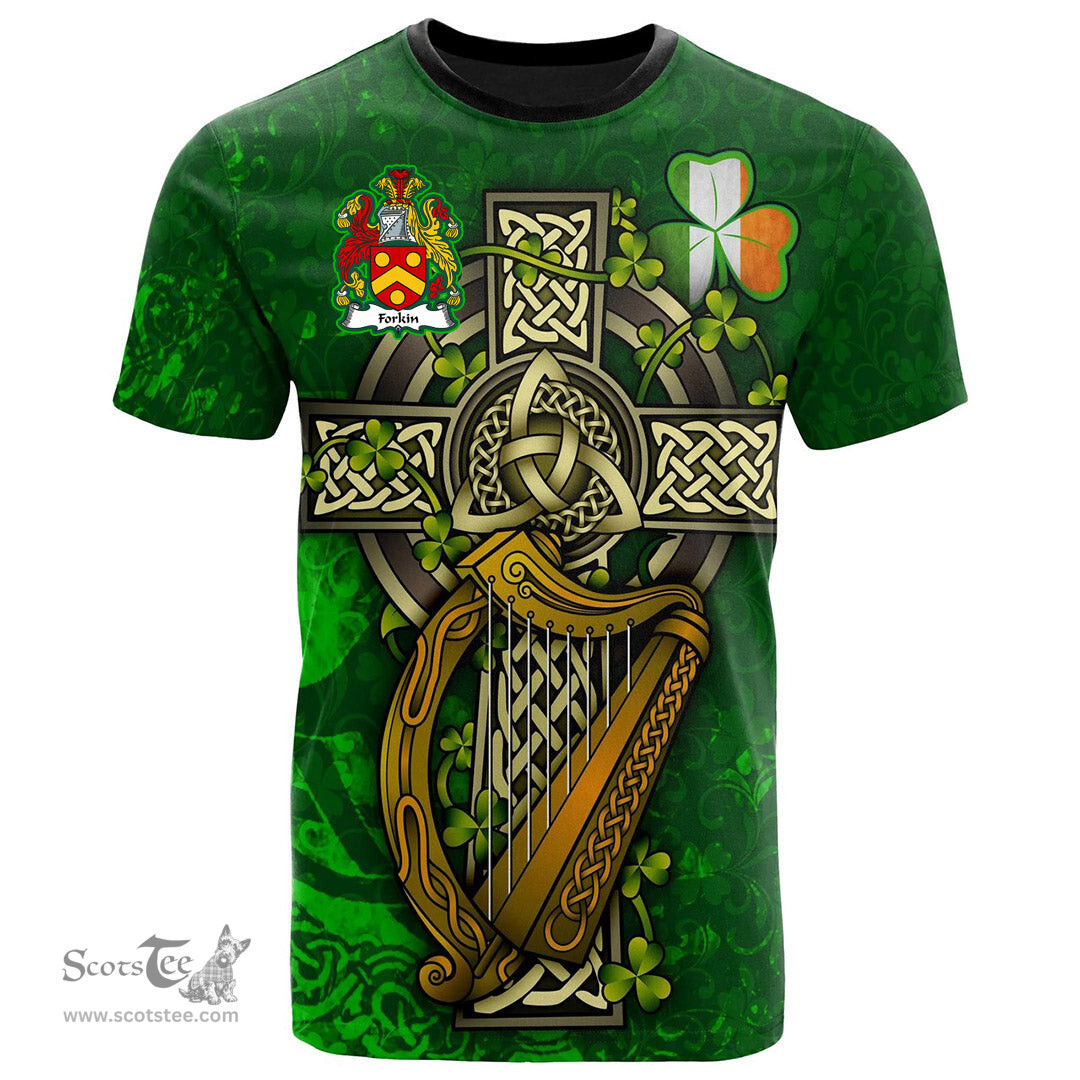 ScotsTee Shop Irish Forkin Coat of Arms Irish Family Crest T Shirt Irish Shamrock Celtic Cross and Harp T Shirt