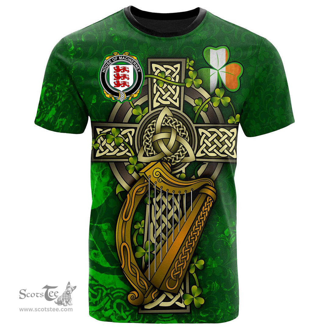 ScotsTee Shop Irish House of MACiNERNEY Coat of Arms Irish Family Crest T Shirt Irish Shamrock Celtic Cross and Harp T Shirt