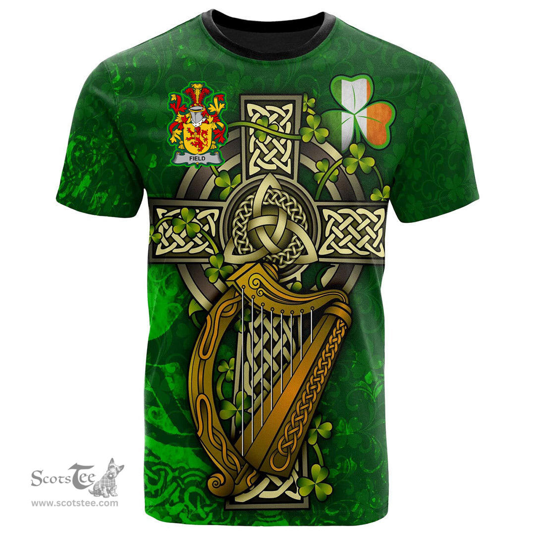 ScotsTee Shop Irish Field Coat of Arms Irish Family Crest T Shirt Irish Shamrock Celtic Cross and Harp T Shirt