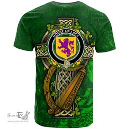ScotsTee Shop Irish House of LACY Coat of Arms Irish Family Crest T Shirt Irish Shamrock Celtic Cross and Harp T Shirt