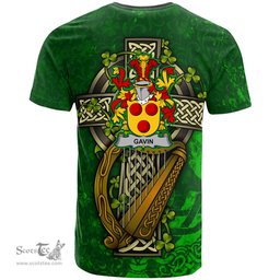 ScotsTee Shop Irish Gavin or O Gavan Coat of Arms Irish Family Crest T Shirt Irish Shamrock Celtic Cross and Harp T Shirt