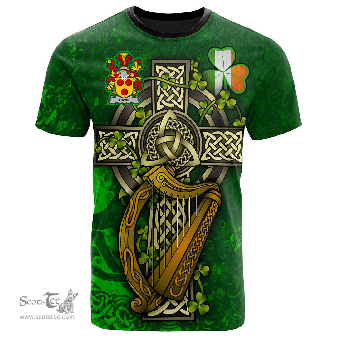 ScotsTee Shop Irish Gavin or O Gavan Coat of Arms Irish Family Crest T Shirt Irish Shamrock Celtic Cross and Harp T Shirt
