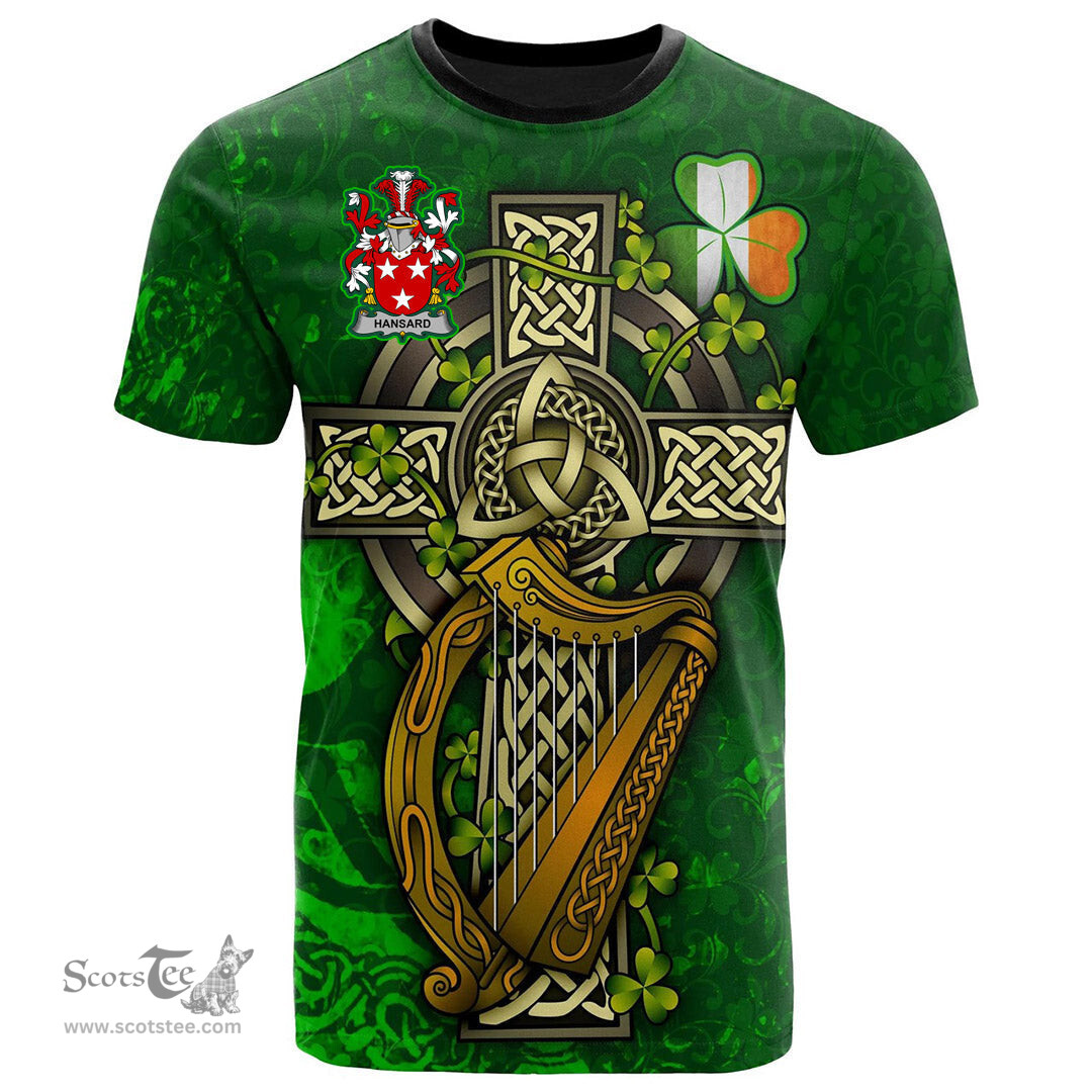 ScotsTee Shop Irish Hansard Coat of Arms Irish Family Crest T Shirt Irish Shamrock Celtic Cross and Harp T Shirt