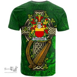 ScotsTee Shop Irish Fitz Harris Coat of Arms Irish Family Crest T Shirt Irish Shamrock Celtic Cross and Harp T Shirt