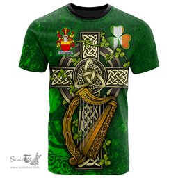 ScotsTee Shop Irish Fitz Harris Coat of Arms Irish Family Crest T Shirt Irish Shamrock Celtic Cross and Harp T Shirt