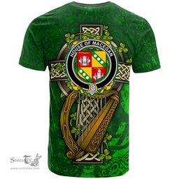 ScotsTee Shop Irish House of MACEGAN Coat of Arms Irish Family Crest T Shirt Irish Shamrock Celtic Cross and Harp T Shirt